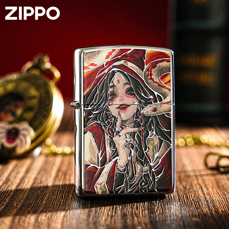 zippo打火机 银闪边绯红巫女 正品zipoo防风煤油父亲节礼物送男友
