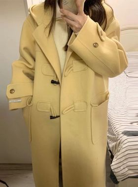 高级感黄色连帽呢子大衣女中长款2025秋冬装小个子牛角扣毛呢外套