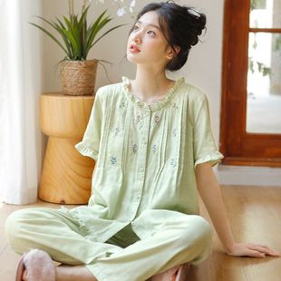 棉纱高工刺绣V领带胸垫可外穿家 夏季 睡衣女纯棉短袖 长裤 薄款