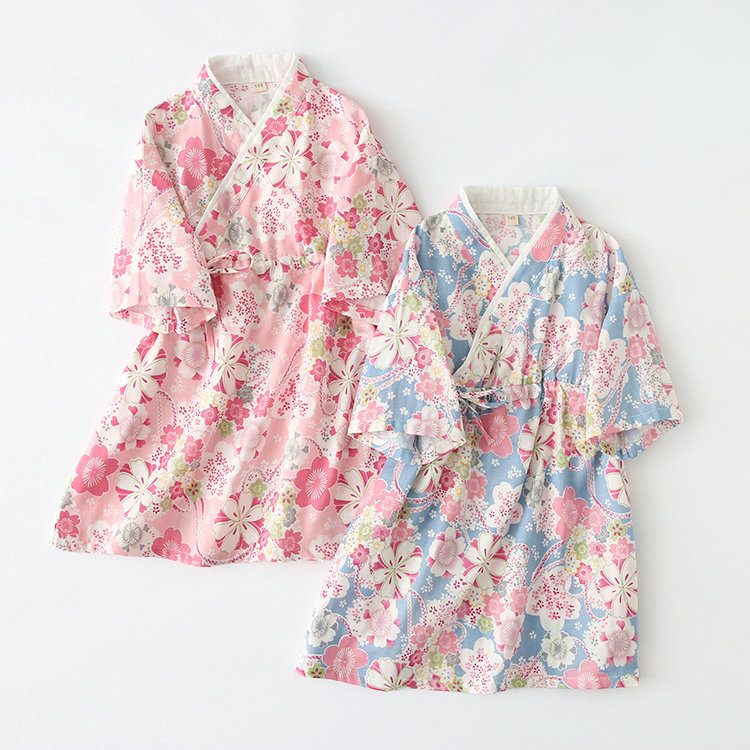 Z春夏秋女童纯棉纱布短袖睡裙儿童汉服睡衣汗蒸服和服亲子母女装