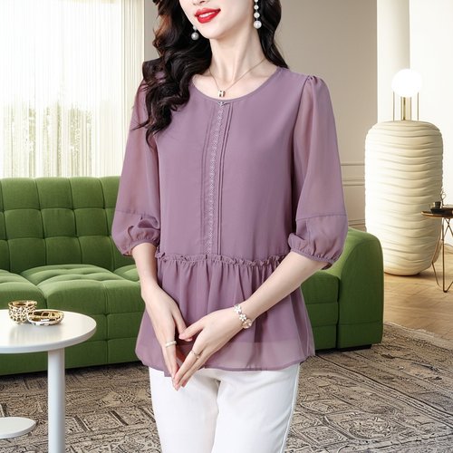 瑶蝶夏装新款中袖雪纺衫女上衣
