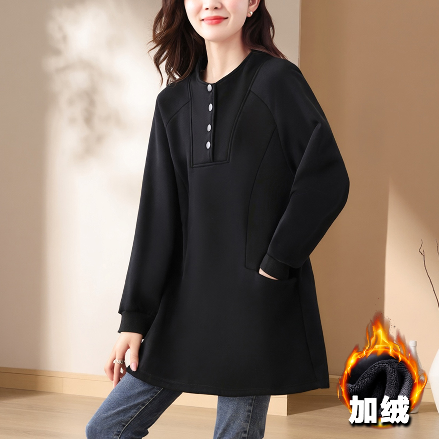 冬季巨好看的无帽卫衣女中长款