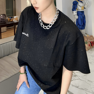 BXLT必须撸铁原创满天星细闪银河圆领休闲宽松百搭运动T恤情侣