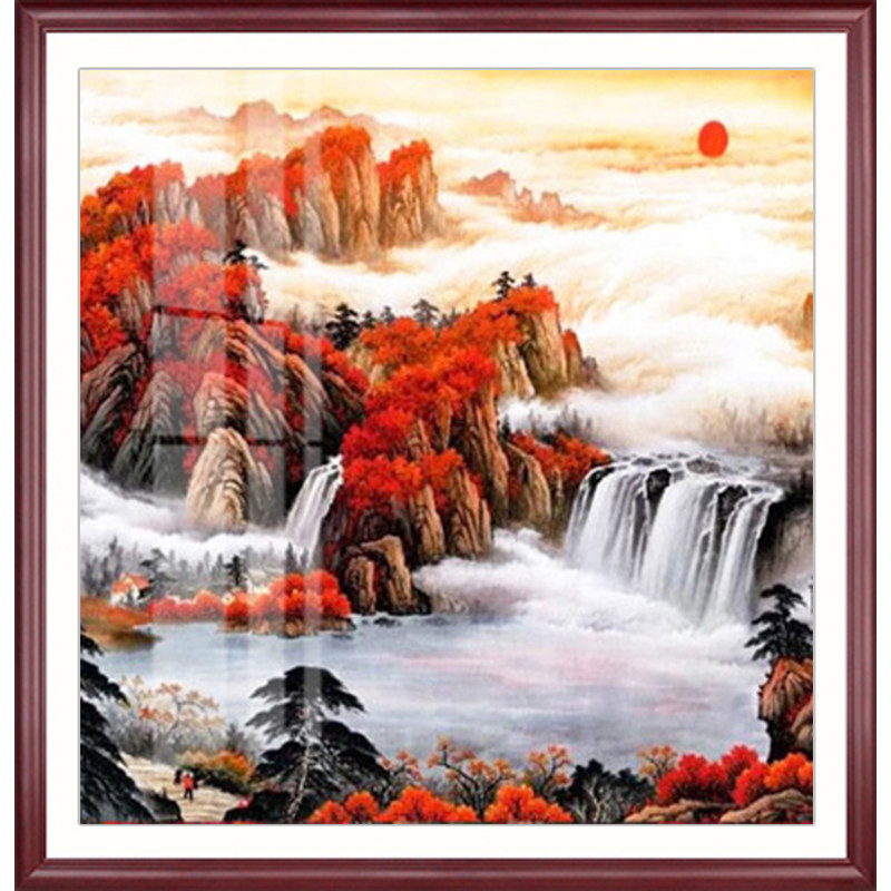 鸿运当头十字绣满绣正方形餐厅2020新款中国风山水风景画客厅线绣
