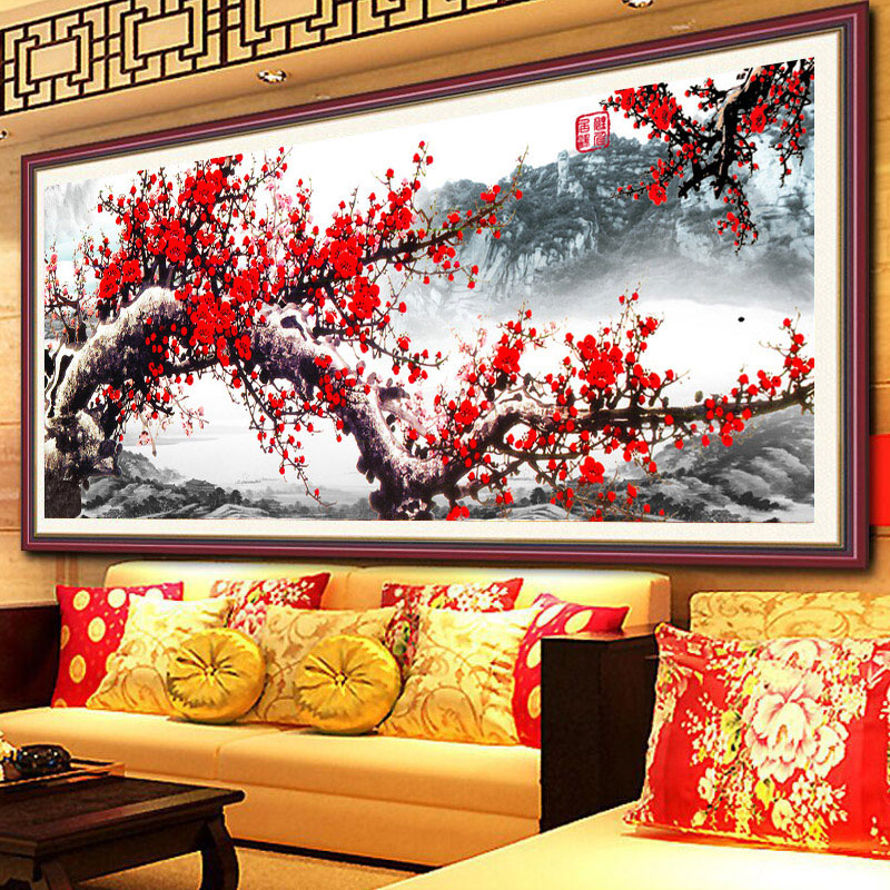 新款5d钻石画客厅红梅报春图现代简约大幅水墨风景画粘贴钻十字绣