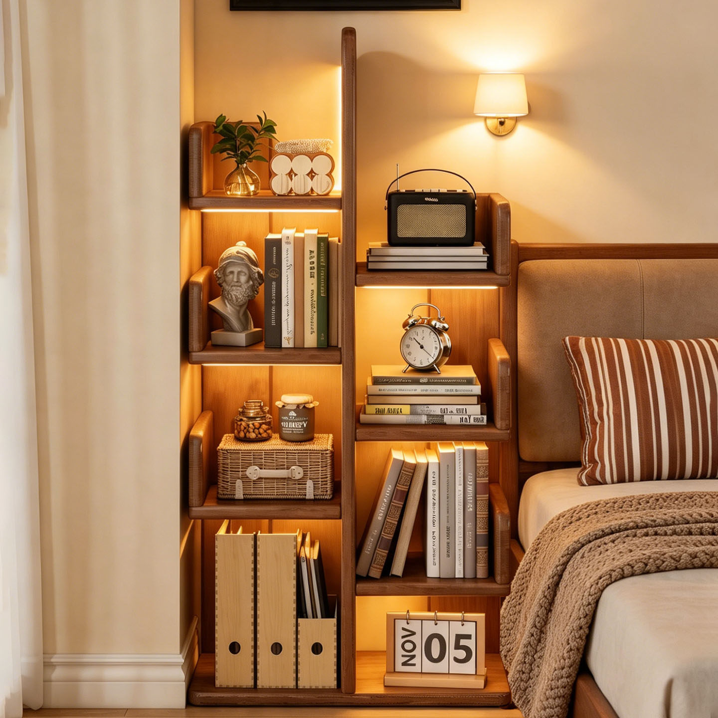 实木床头书架卧室床边落地置物架客厅家用靠墙收纳柜储物柜中古风