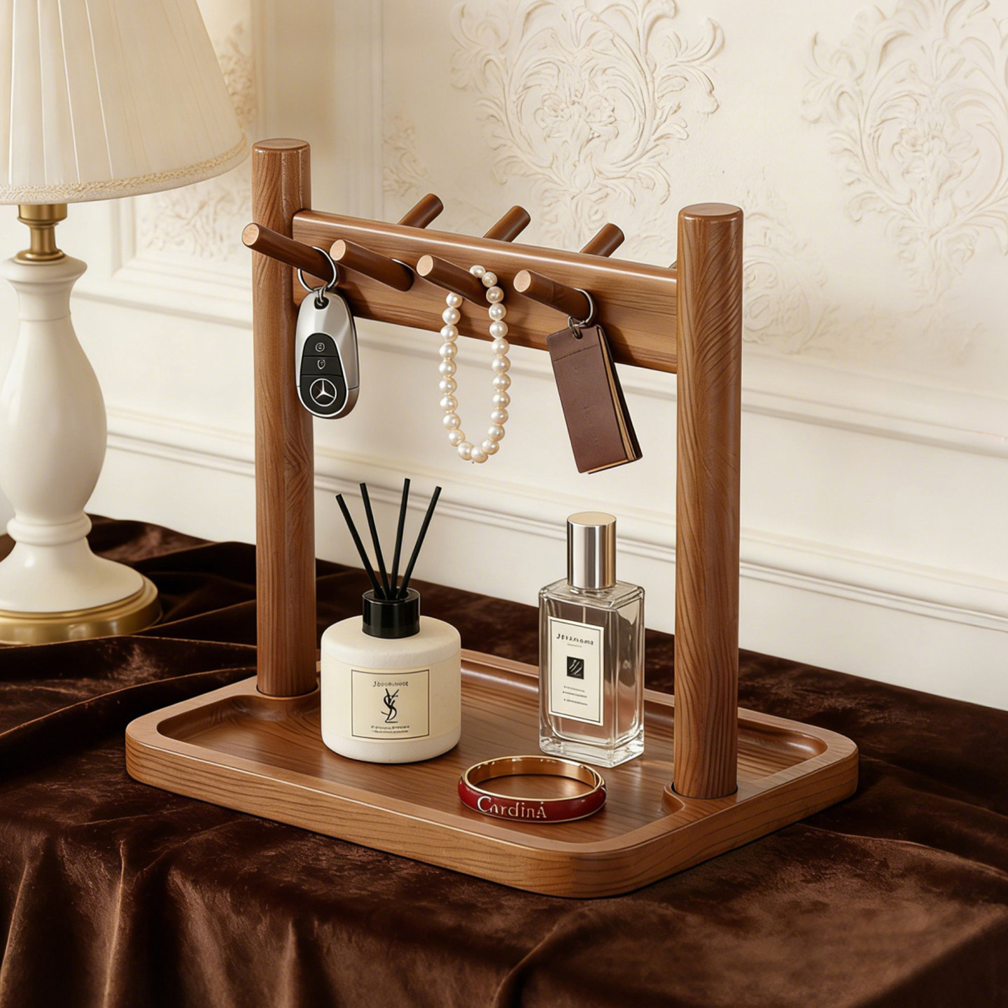 实木玄关置物架桌面收纳盒入户钥匙耳机香水口红手表摆件复古托盘