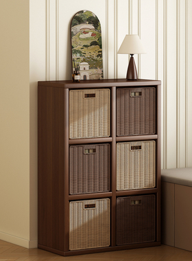 实木格子柜客厅落地置物架卡莱克飘窗柜中古风书架边柜幼儿园书柜