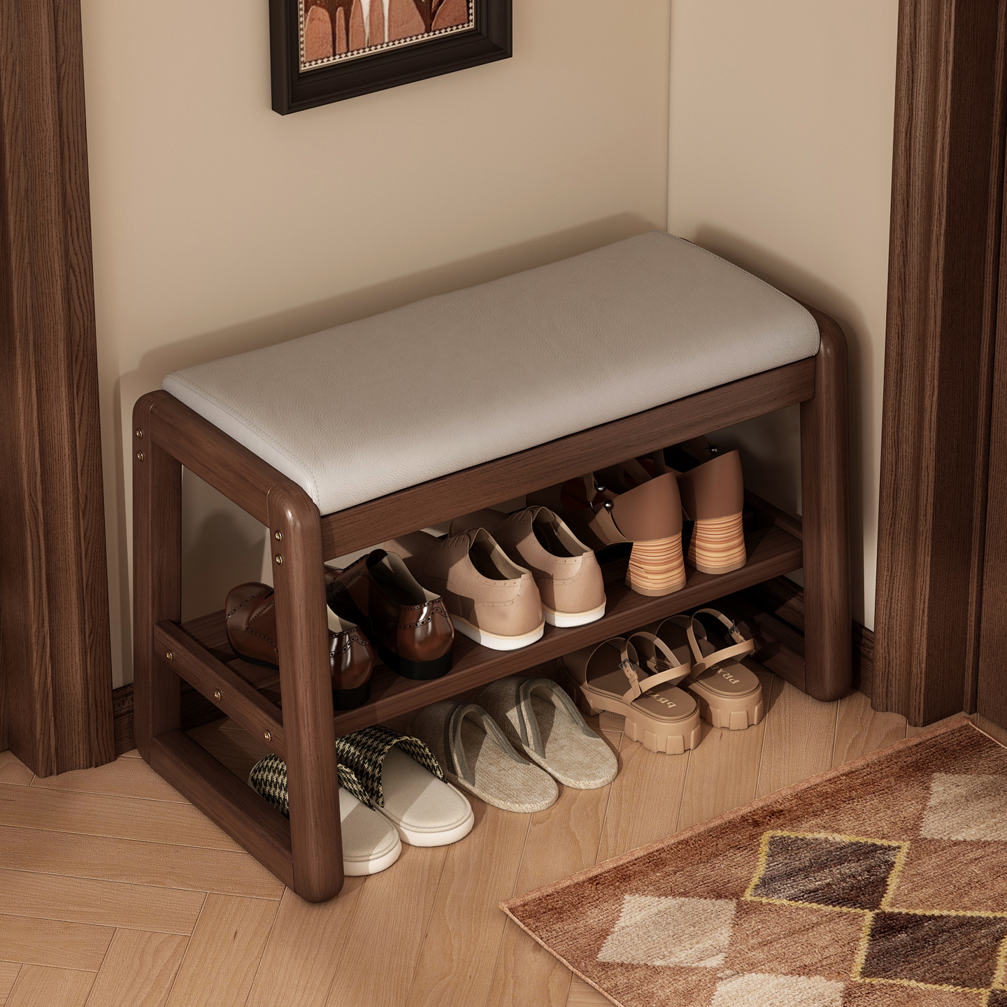 实木储物换鞋凳鞋架，一凳多用