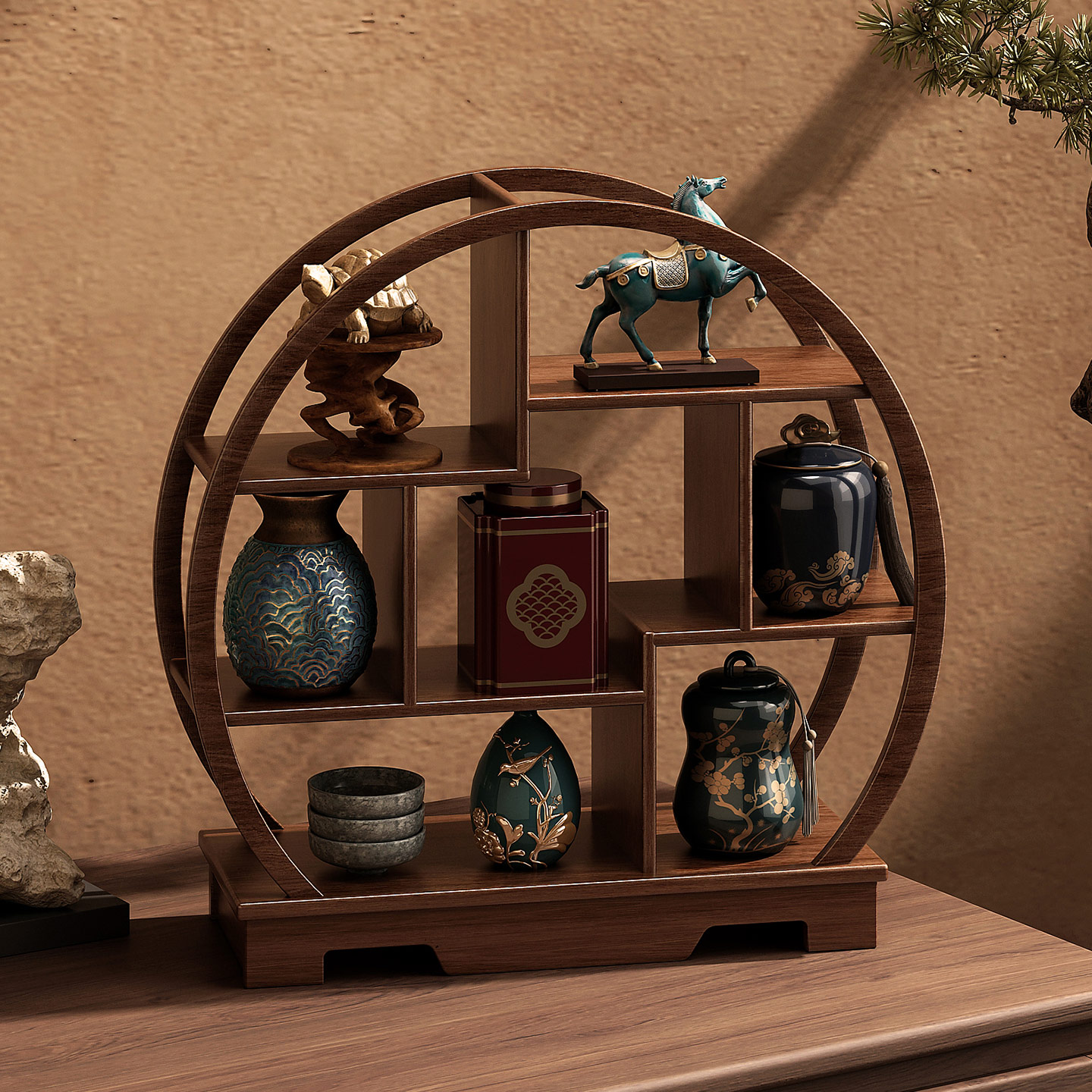 姿竹桌面博古架实木多功能收纳