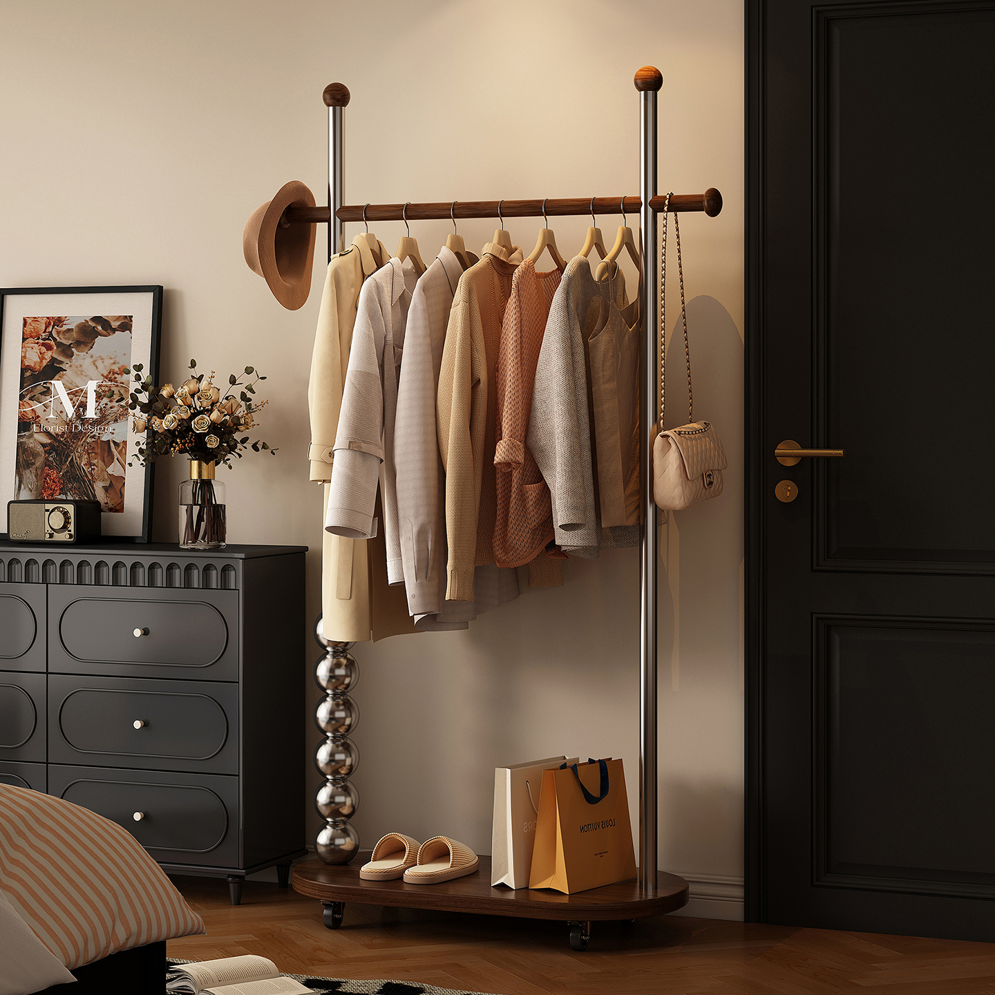 【不锈钢】实木可移动衣帽架