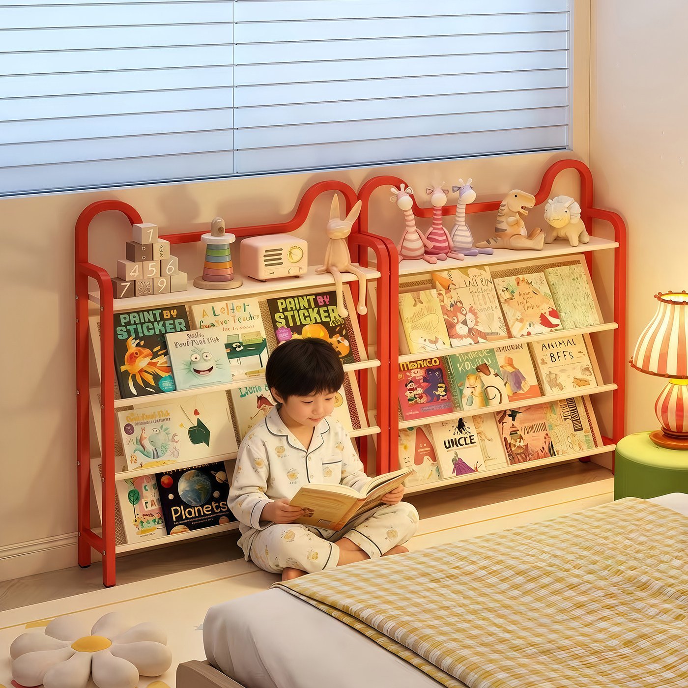 儿童书架落地置物架一体靠墙卧室宝宝绘本架床头钢制书柜收纳柜子