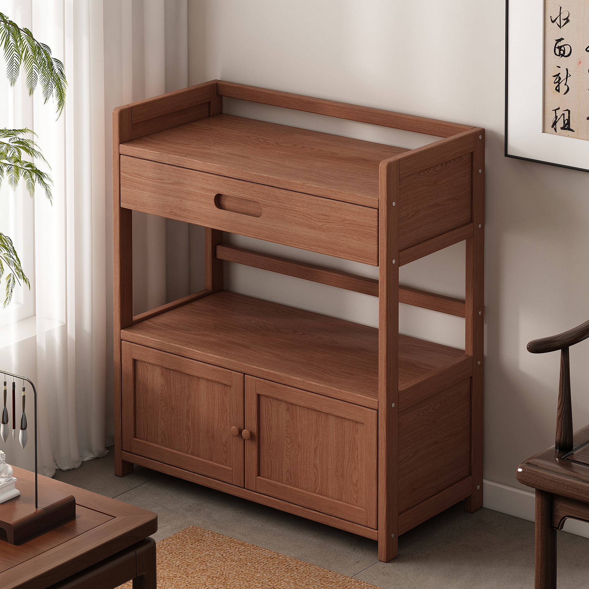中式茶水柜置物架家用客厅餐边柜靠墙一体储物柜收纳茶室组合边几