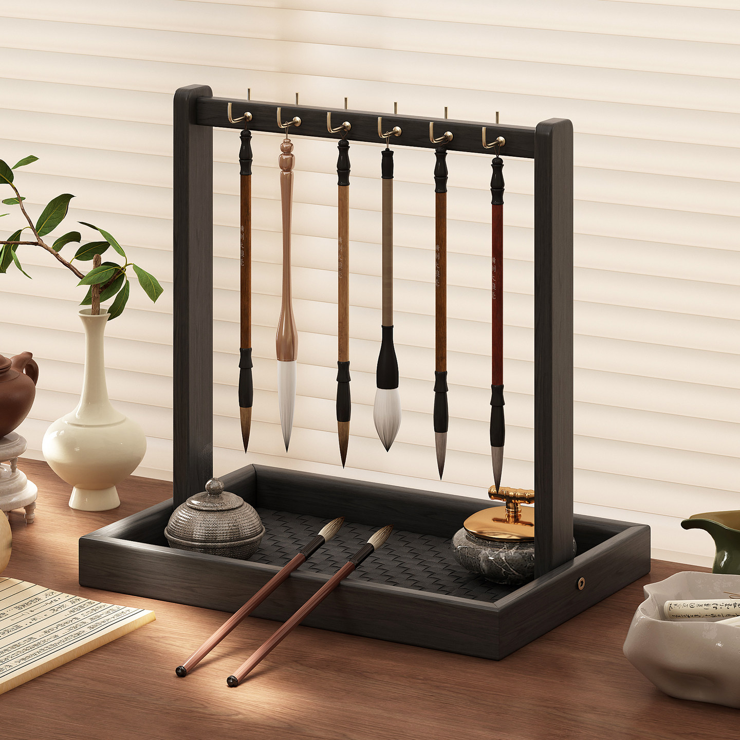实木毛笔挂架桌面悬挂式收纳整理架文房四宝摆件书法国画专用笔搁