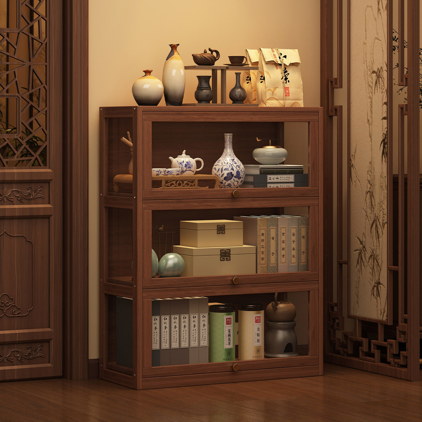 中式博古架茶柜置物架实木摆件展示柜一体靠墙茶室茶叶茶具放置架,住宅家具,多宝格/博古架,淘宝优惠券,粉丝福利购,淘宝优惠卷