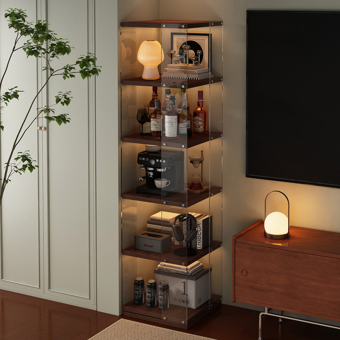 360&deg;旋转书架落地置物架亚克力转角收纳柜客厅可移动简易展示柜