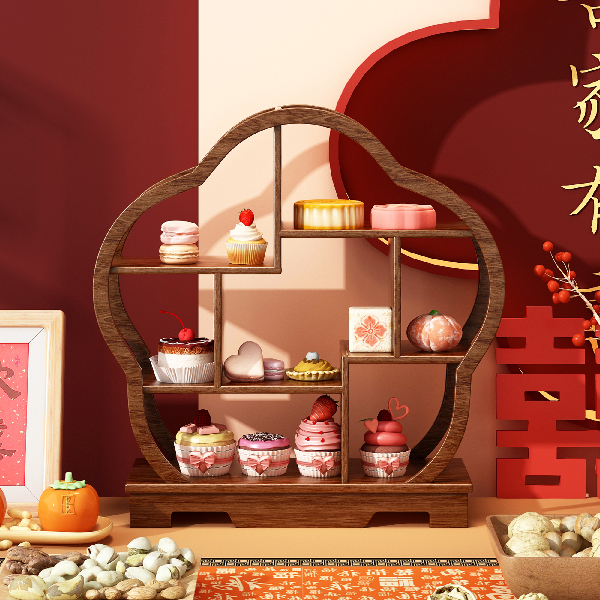 中式糕点甜品台订婚宴会茶歇布置装饰展示架子婚庆周岁宴蛋糕摆台