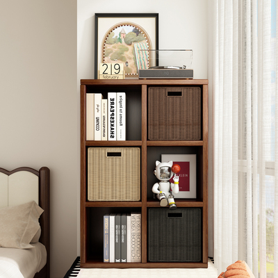 实木格子柜书架落地置物架飘窗收纳柜沙发边柜书柜收纳柜一体靠墙