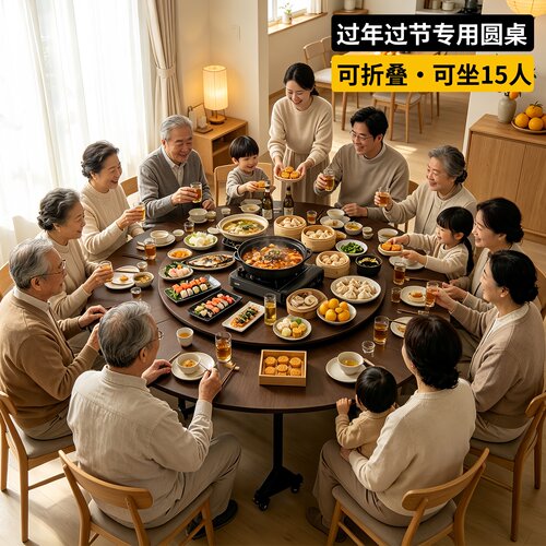 折叠餐桌家用圆桌小户型带轮移动