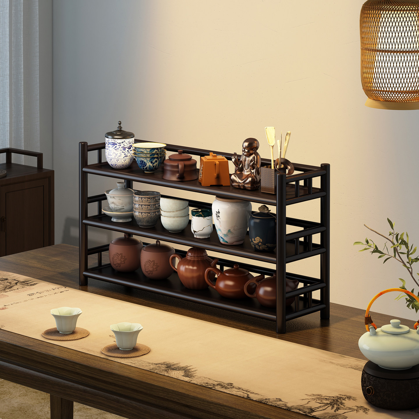 桌面博古架茶室茶具置物架新中式多宝阁特色茶叶紫砂壶摆放展示架