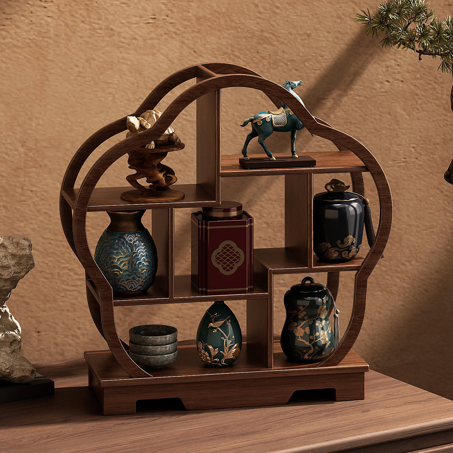 姿竹桌面博古架实木多功能收纳