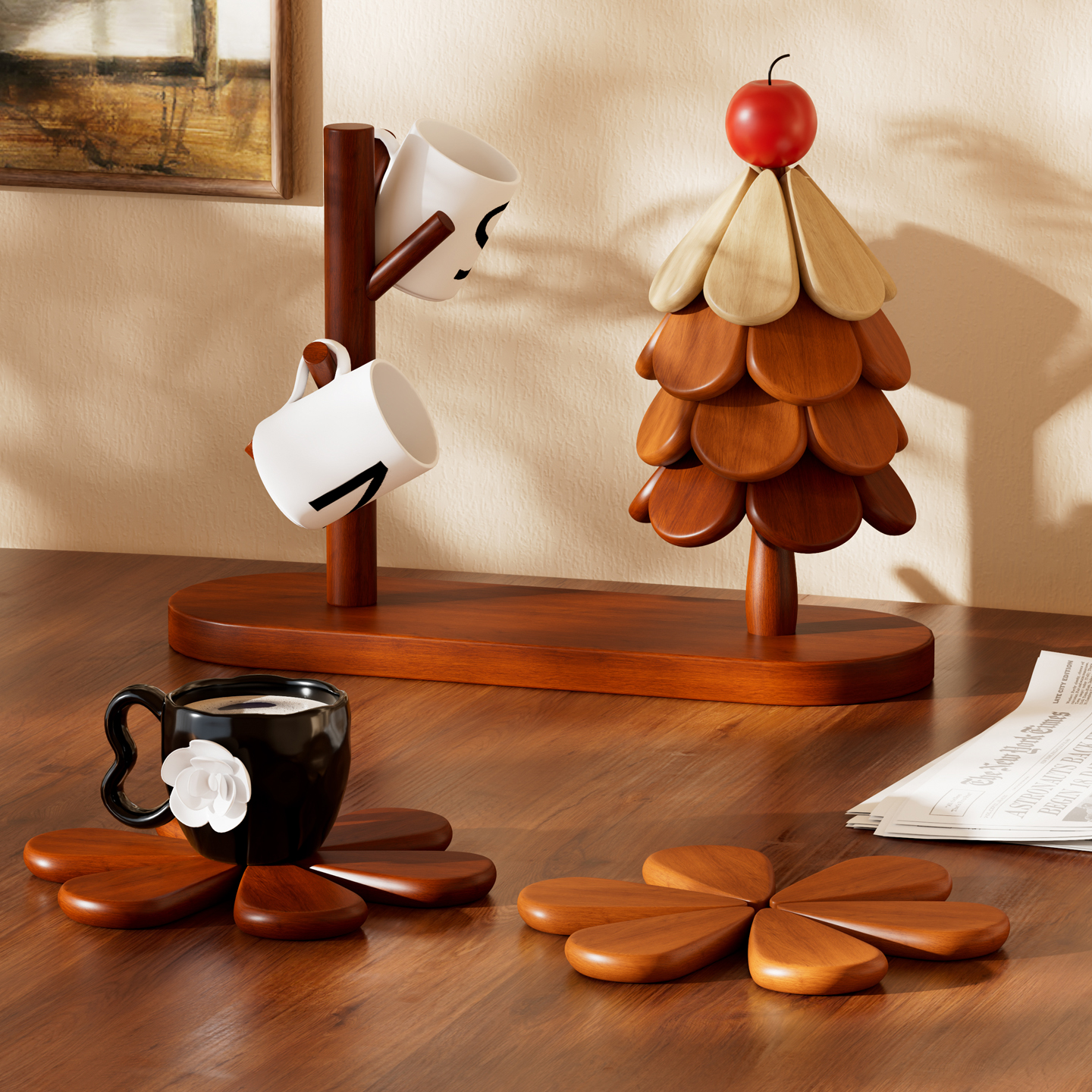 天然实木材质咖啡杯挂架餐垫组合