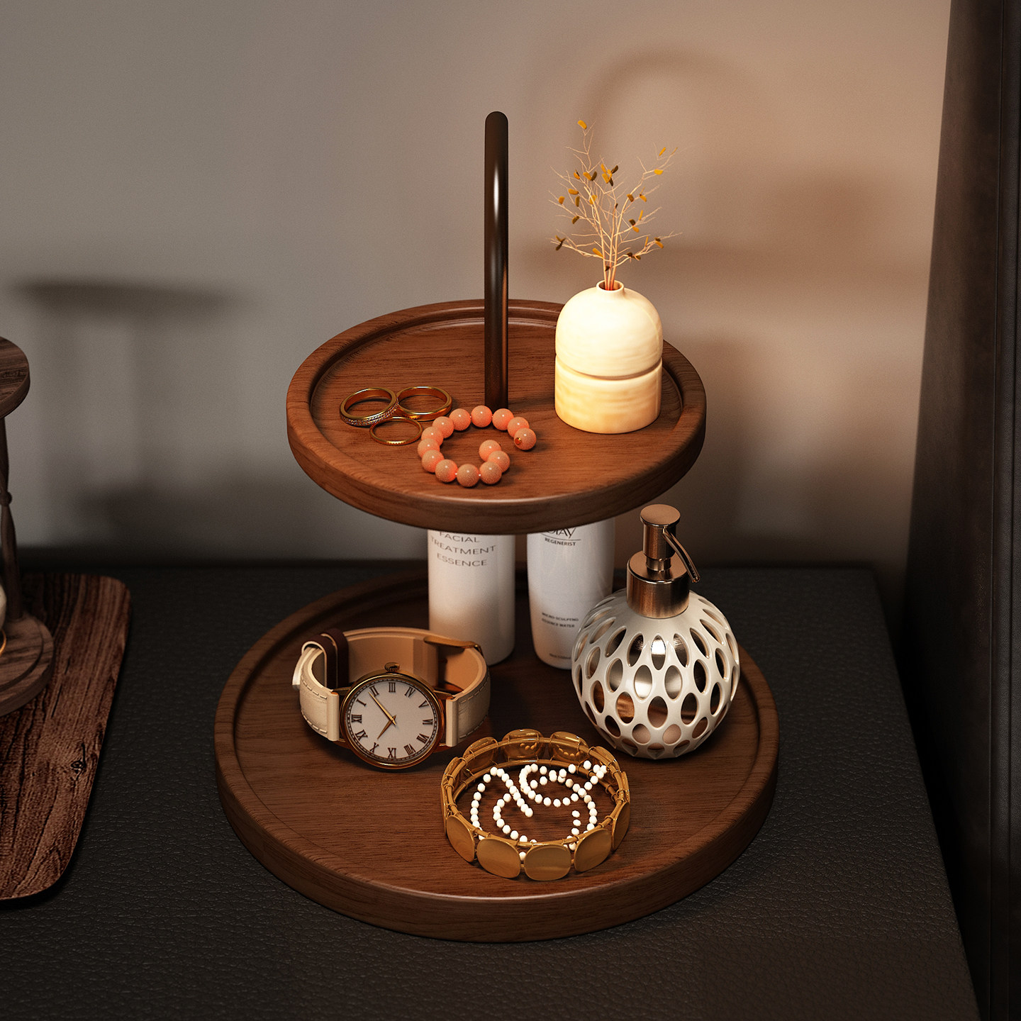 实木床头柜收纳盒梳妆台化妆品置物架桌面香水首饰托盘收纳展示架,收纳整理,桌面收纳盒,淘宝优惠券,粉丝福利购,淘宝优惠卷