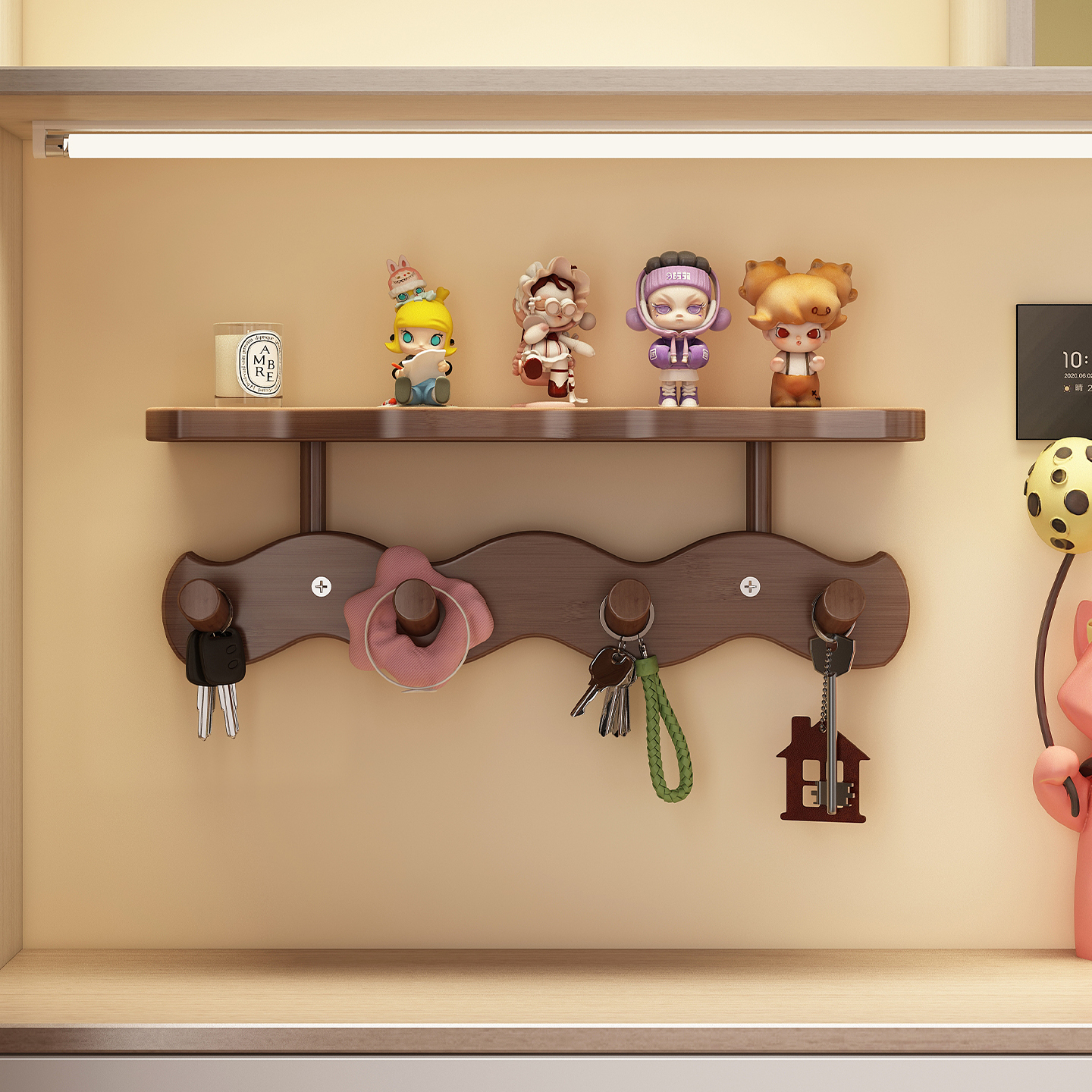 免打孔玄关墙面实木置物架挂钩架