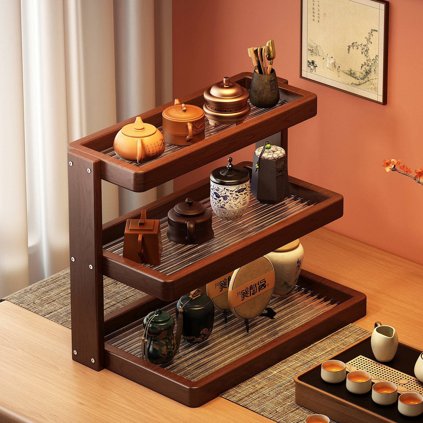 实木桌面博古架多层置物架