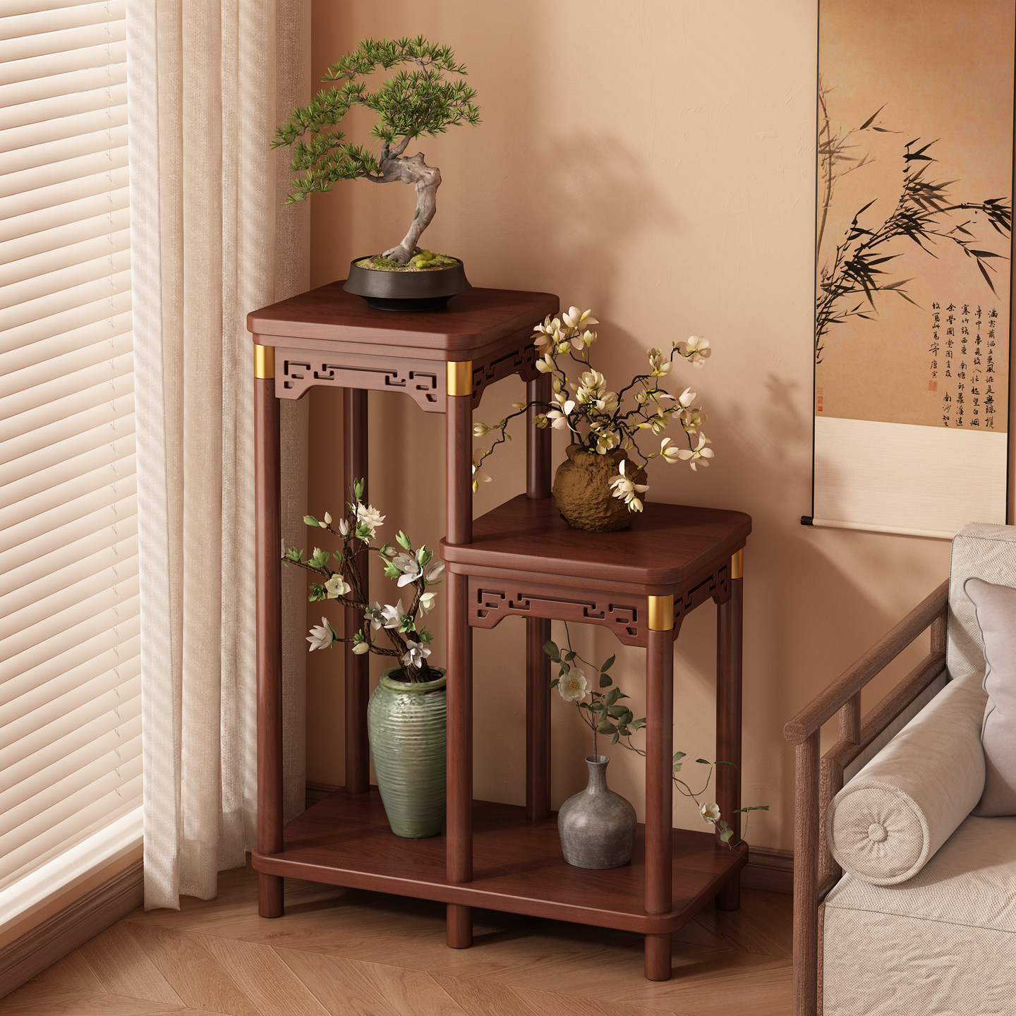 新中式花架子客厅落地式阳台置物架室内实木多层阶梯花盆绿植放置