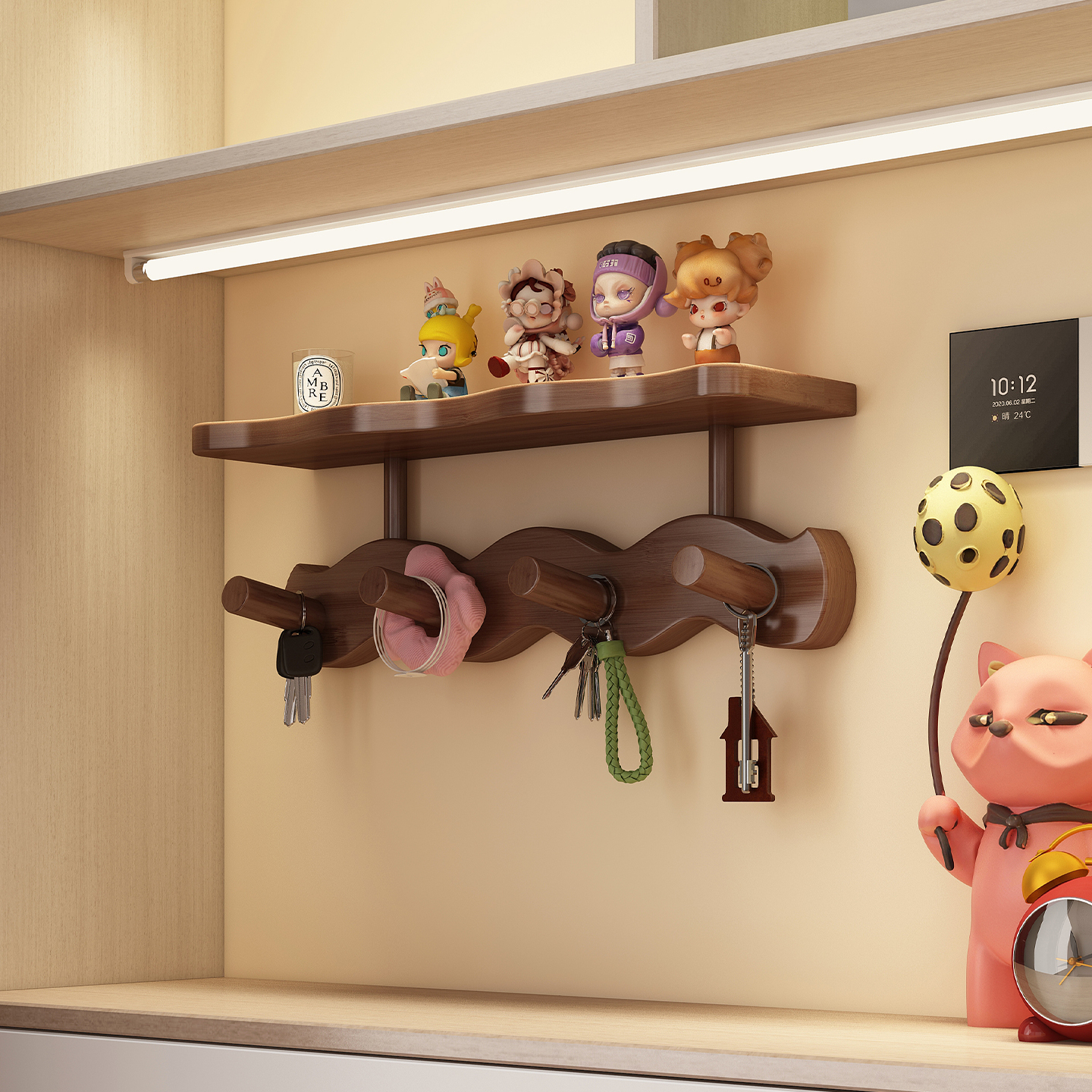 免打孔玄关墙面实木置物架挂钩架