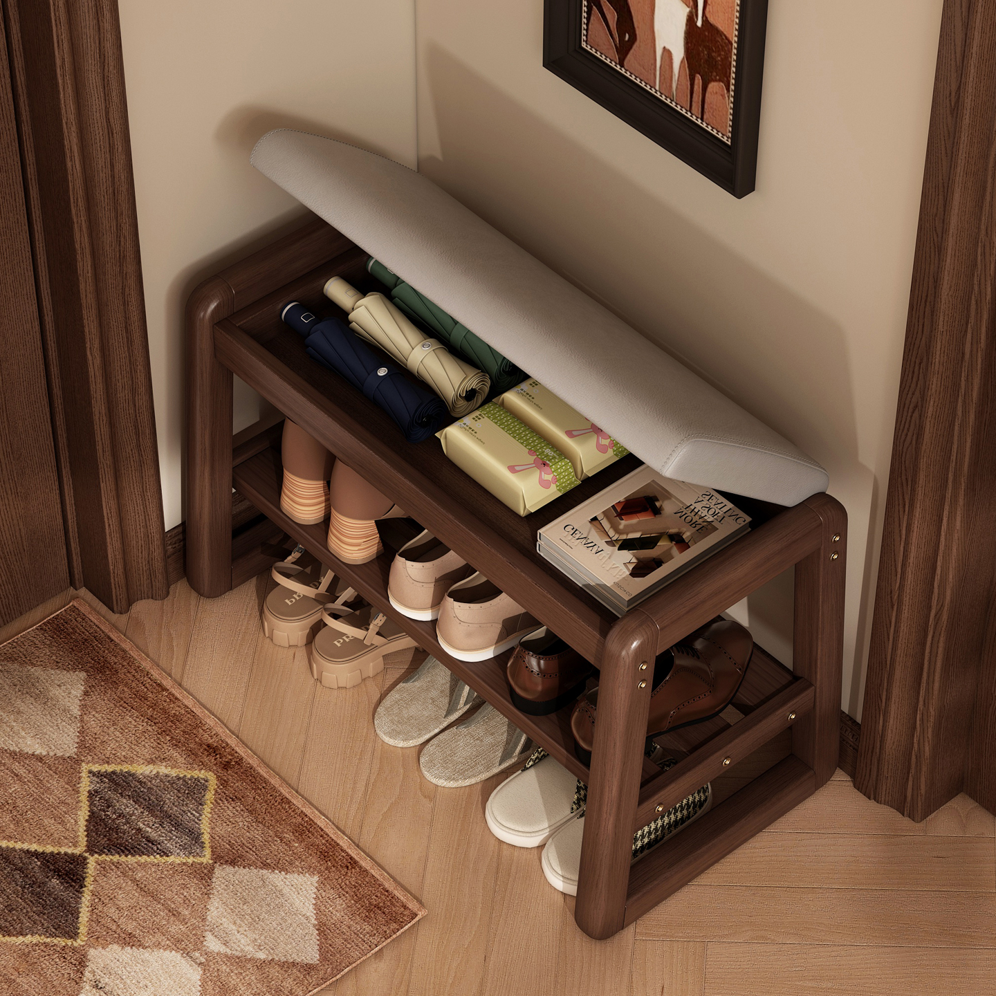 实木储物换鞋凳鞋架，一凳多用