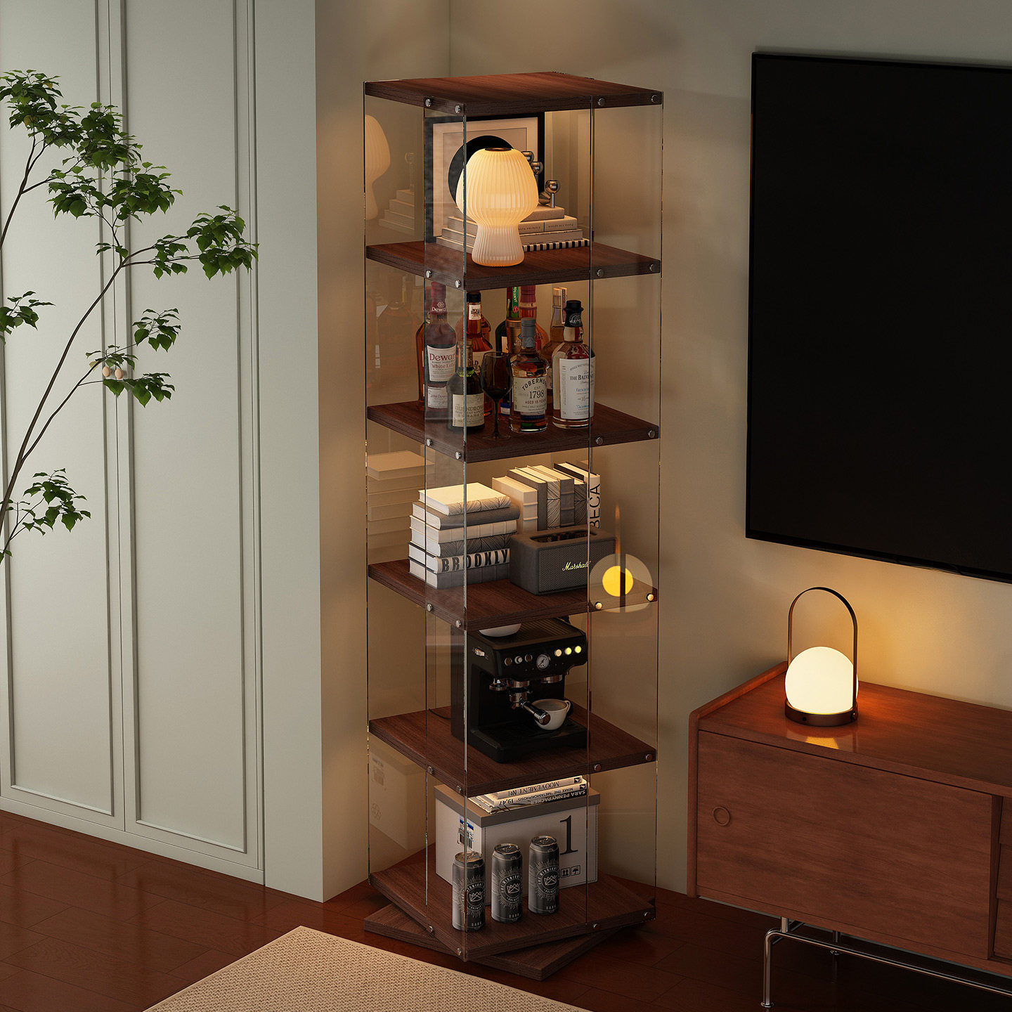 360&deg;旋转书架落地置物架客厅亚克力多层转角收纳柜不占地方柜子