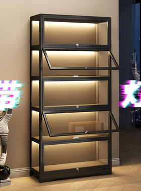 黑色展示柜手办柜模型亚克力盲盒带灯带锁透明样品落地展示架