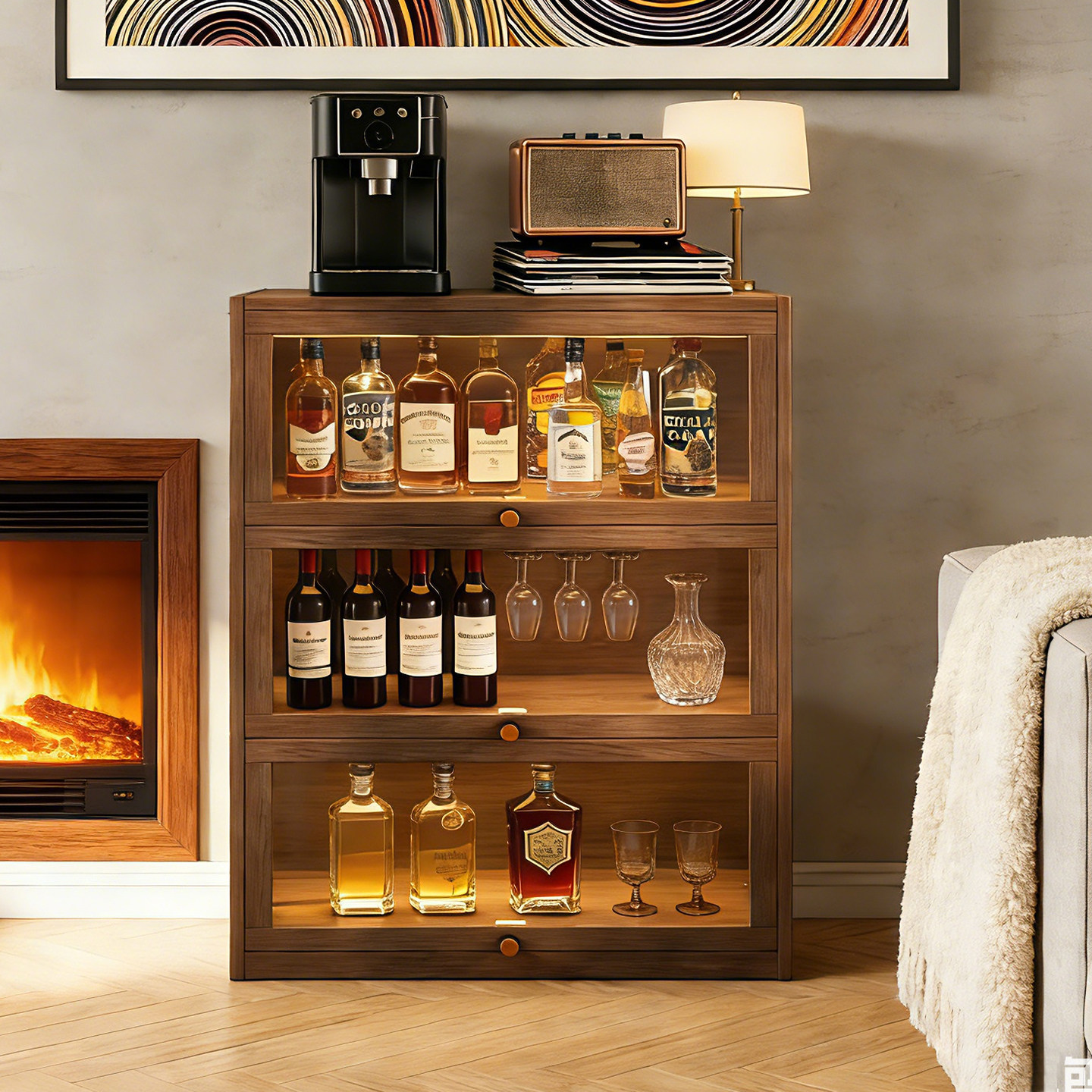 实木酒柜客厅靠墙透明展示柜复古风红酒葡萄酒收纳储物柜2026新款