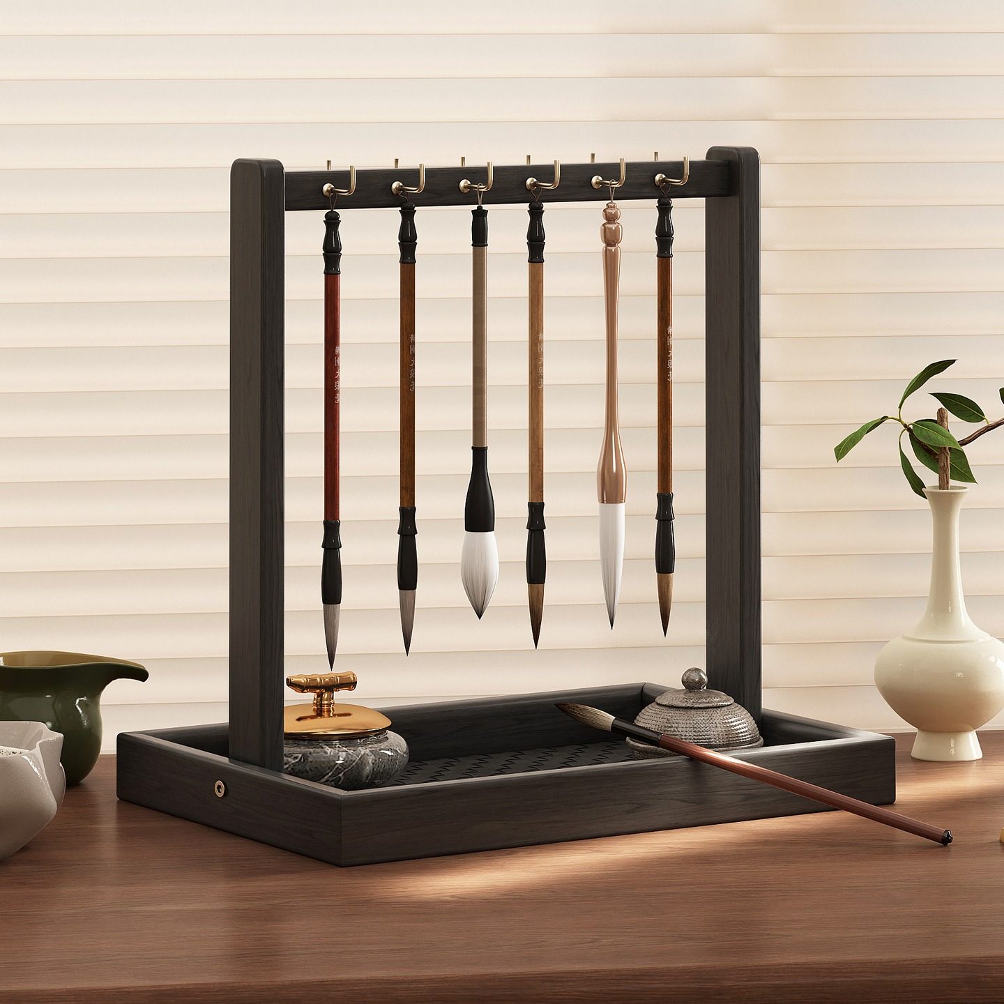 实木毛笔架桌面笔挂文房四宝家用多功能收纳架复古书法专用放笔架,收纳整理,整理架/置物架/收纳架,淘宝优惠券,粉丝福利购,淘宝优惠卷