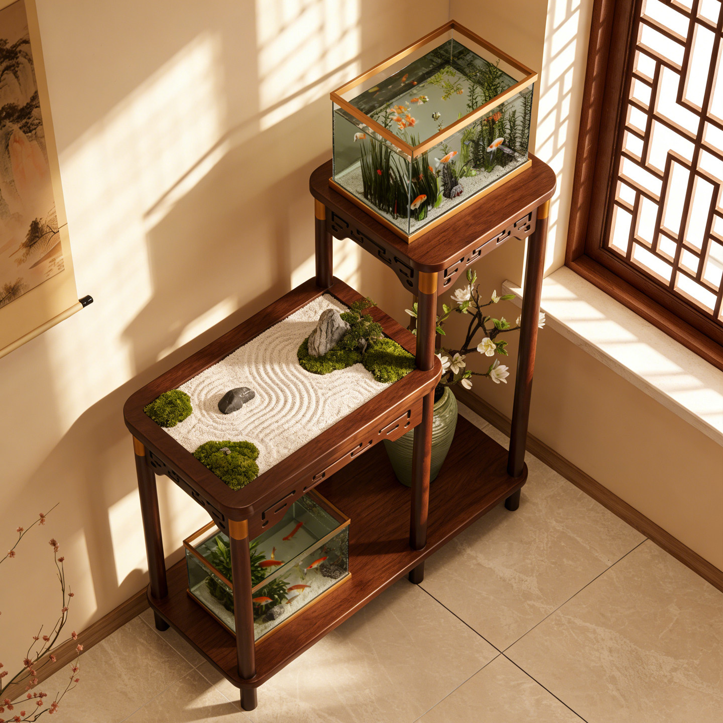 实木中式花架子客厅落地式花盆置物架阳台多肉盆栽摆放展示鱼缸架