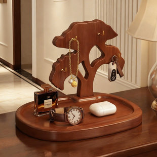 钥匙收纳玄关摆件入户门桌面置物架实木挂架手表托盘创意收纳神器