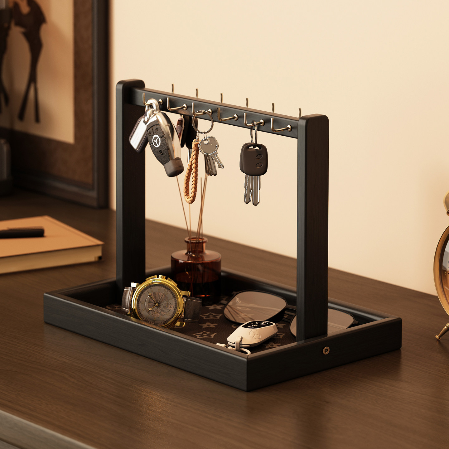 实木钥匙挂架玄关收纳摆件门口桌面置物架首饰收纳盒香水摆放托盘