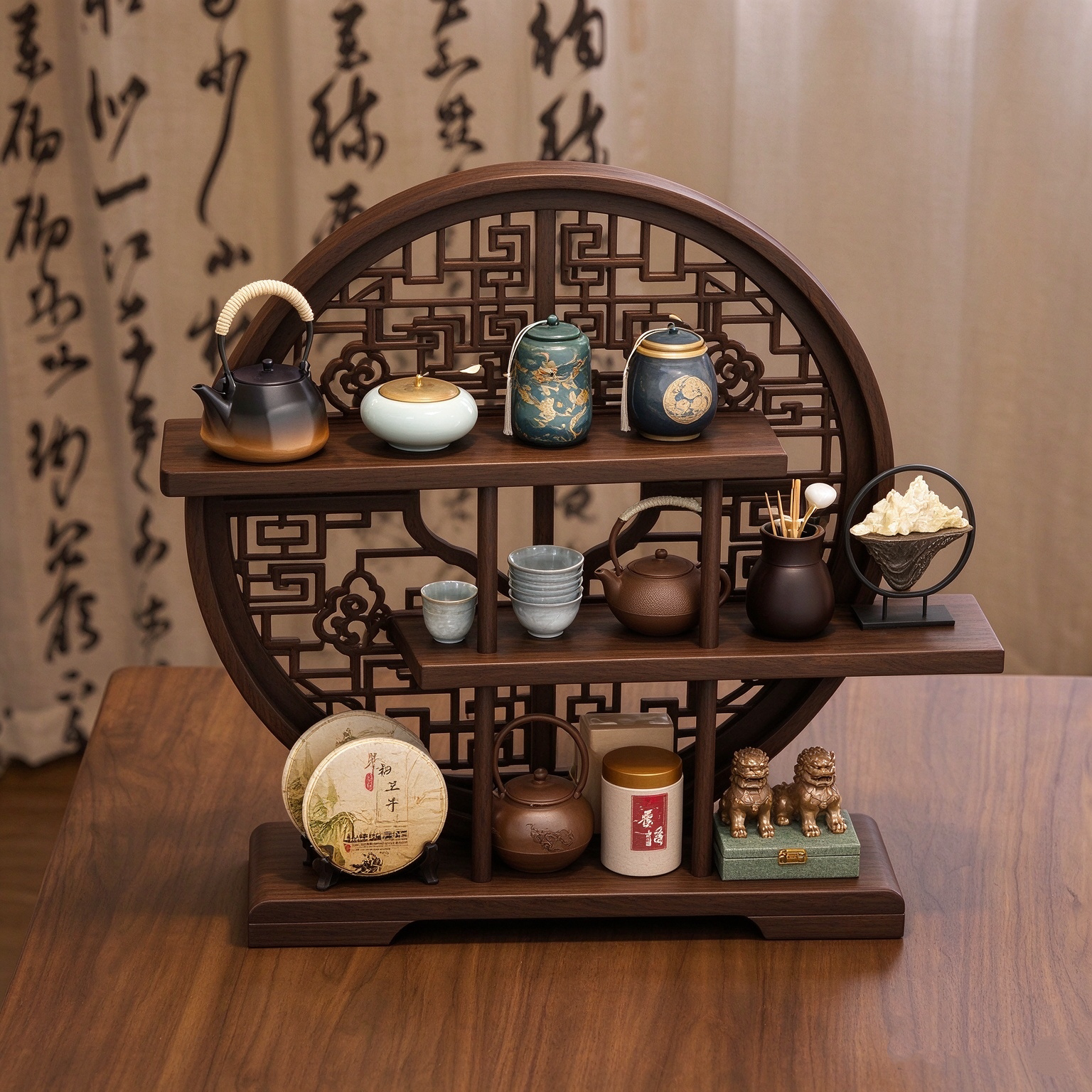茶桌收纳架桌面茶杯置物架新款圆形博古架屏风式茶叶紫砂壶展示架