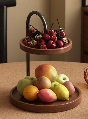 实木果盘装饰摆件家用客厅茶几零食盘木质高级感双层点心水果托盘