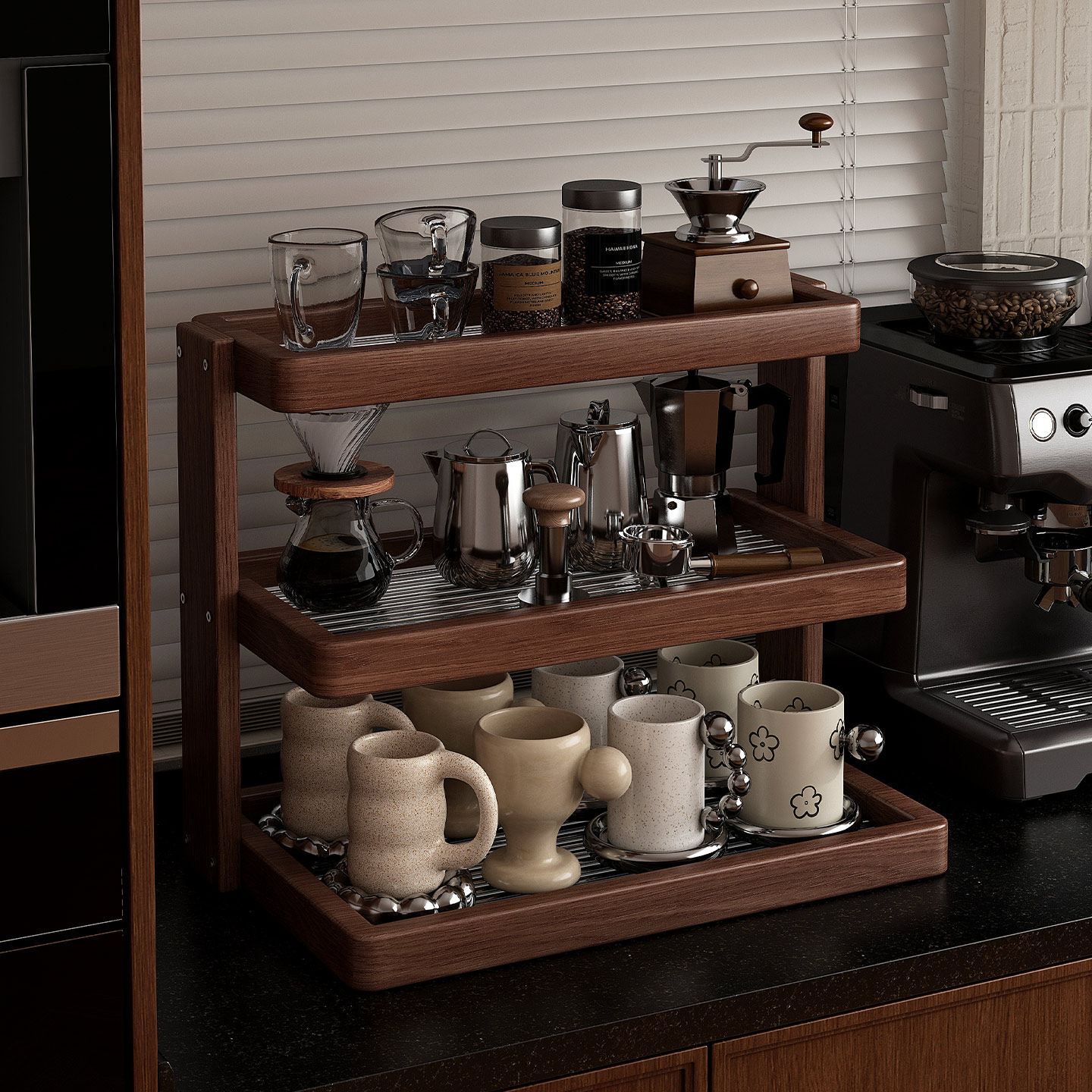 实木杯架杯子收纳置物架餐桌咖啡角布置中古餐边柜水杯茶杯展示架