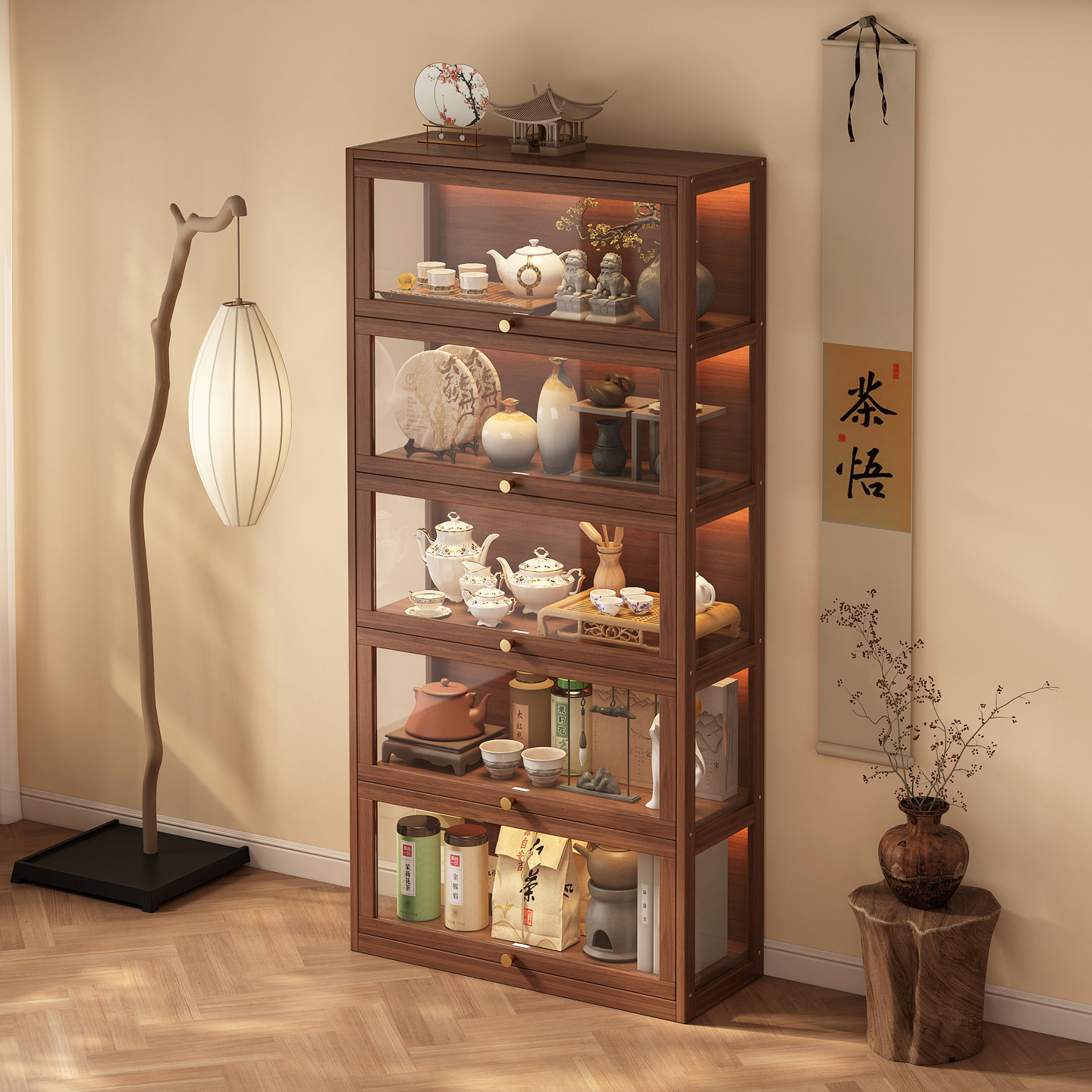中式博古架展示柜透明防尘茶叶收纳柜靠墙茶柜实木茶室摆件置物柜,住宅家具,多宝格/博古架,淘宝优惠券,粉丝福利购,淘宝优惠卷