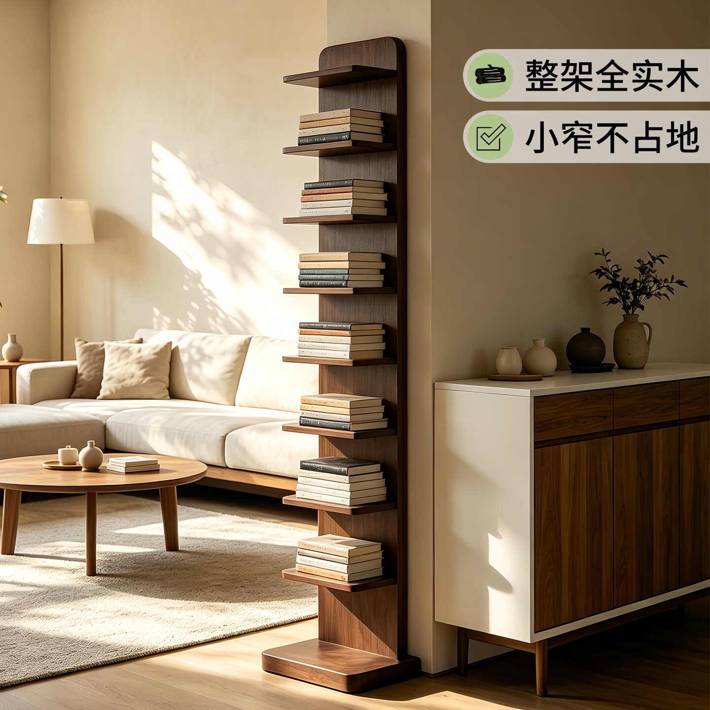 实木书架落地置物架一体靠墙图片