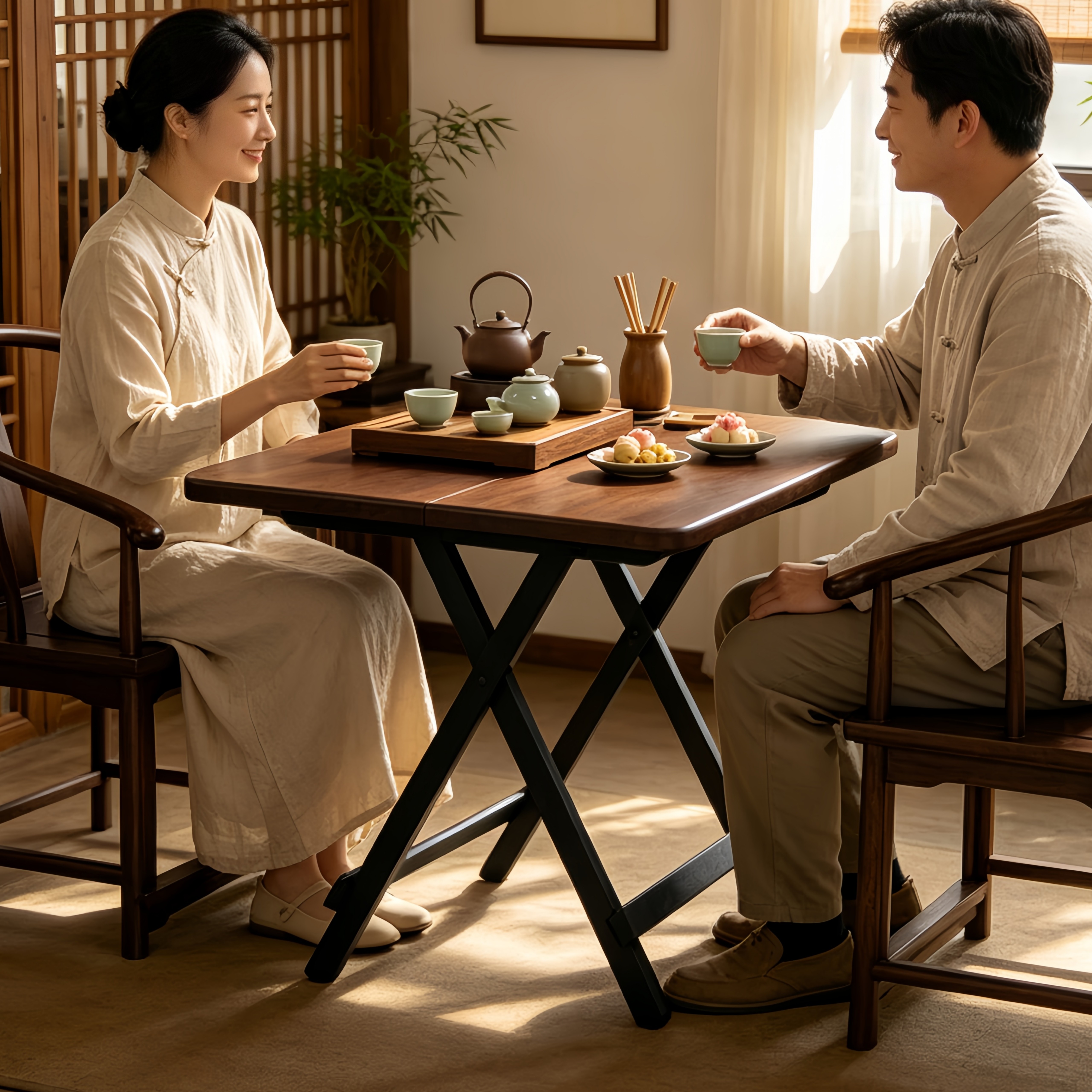 折叠桌新中式茶室小方桌休闲茶桌图片