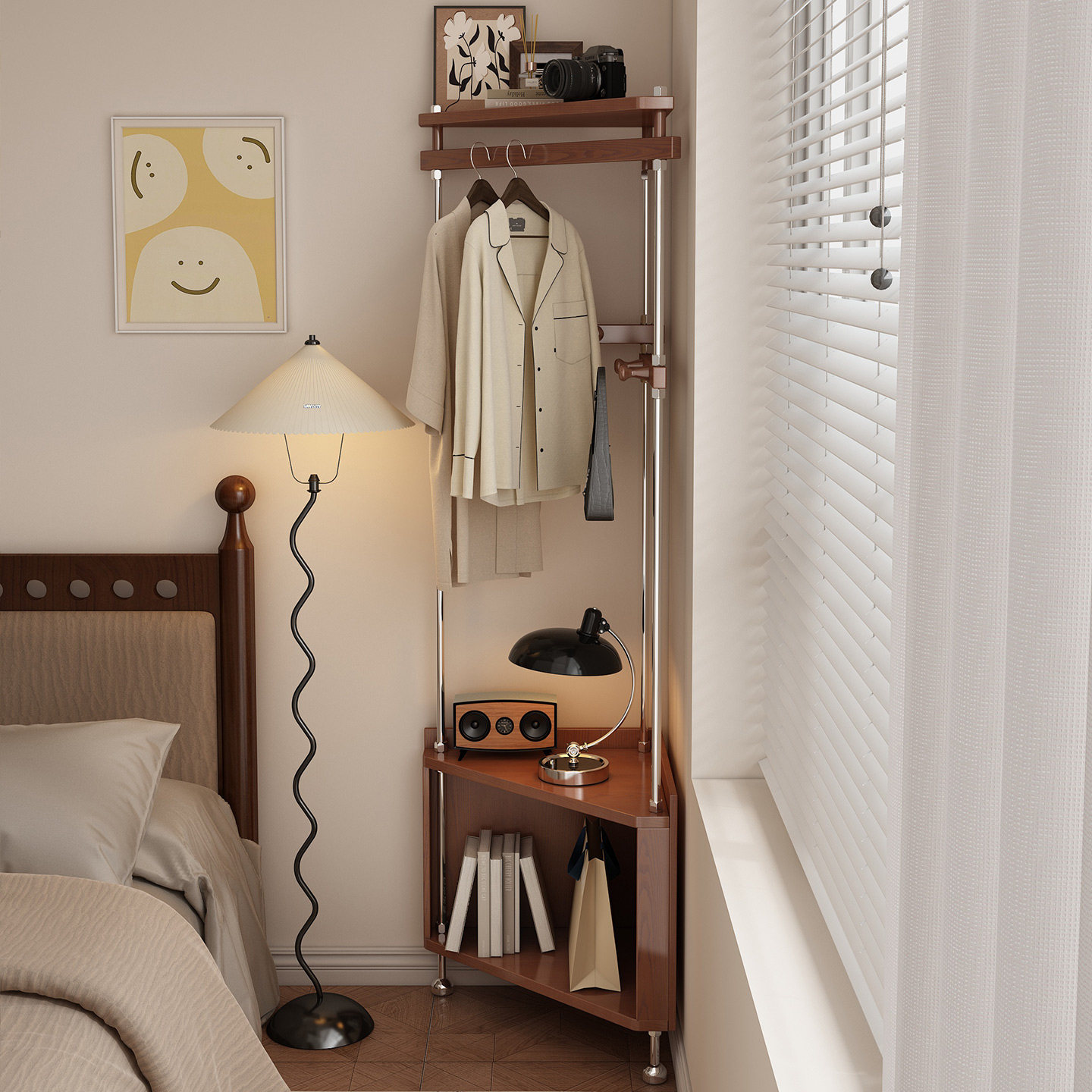 转角置物架墙角衣帽架卧室落地挂衣架床头柜一体角落收纳架拐角柜