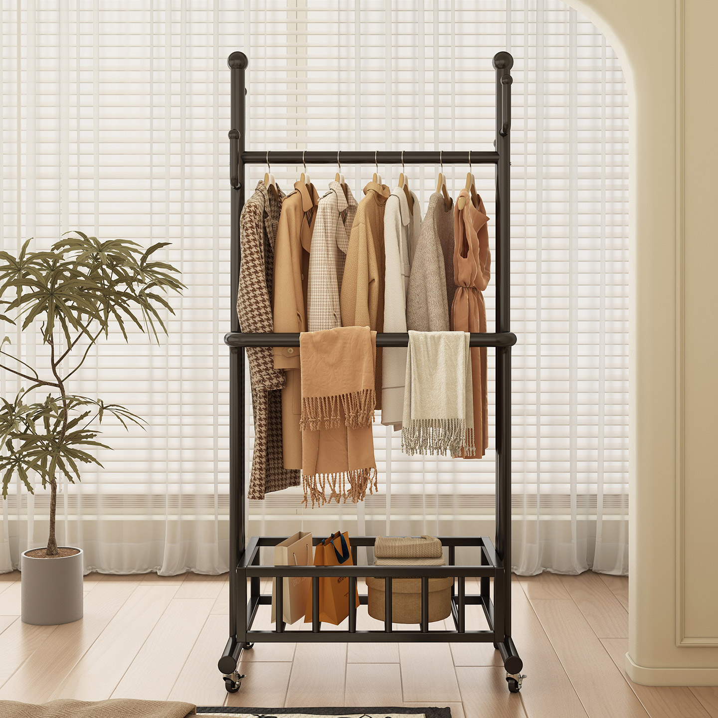 奶油风卧室可移动挂衣架