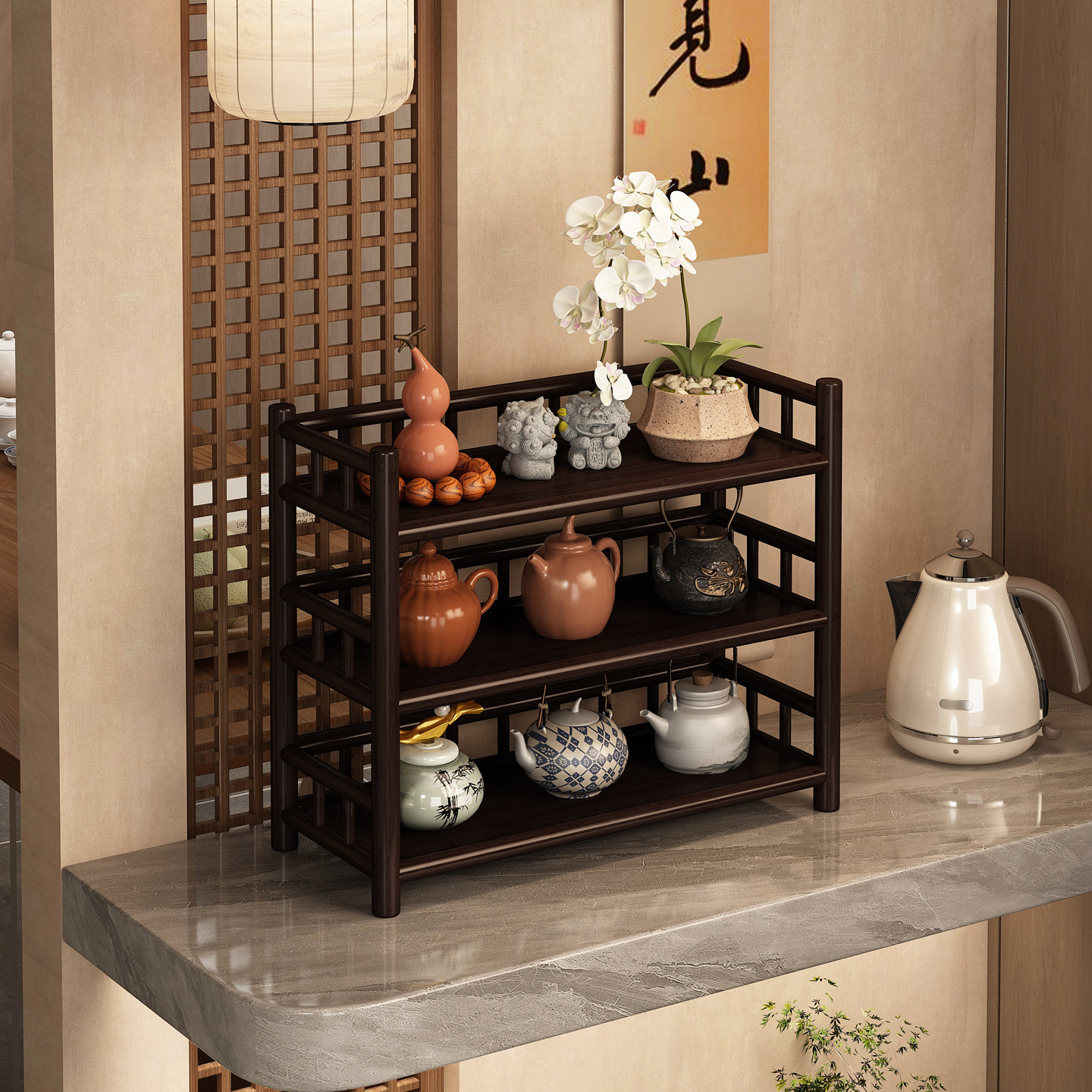 茶具展示架桌面茶杯收纳茶杯置物架复古中式多层杯架多宝阁博古架