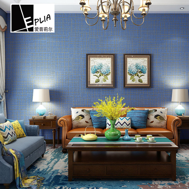 北欧加厚布纹亚麻墙纸蓝红色中式客厅卧室背景壁纸日式2026新款