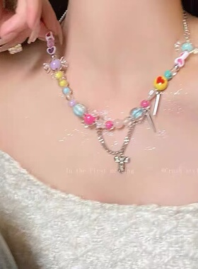 多巴胺粉星星串珠甜酷锁骨链